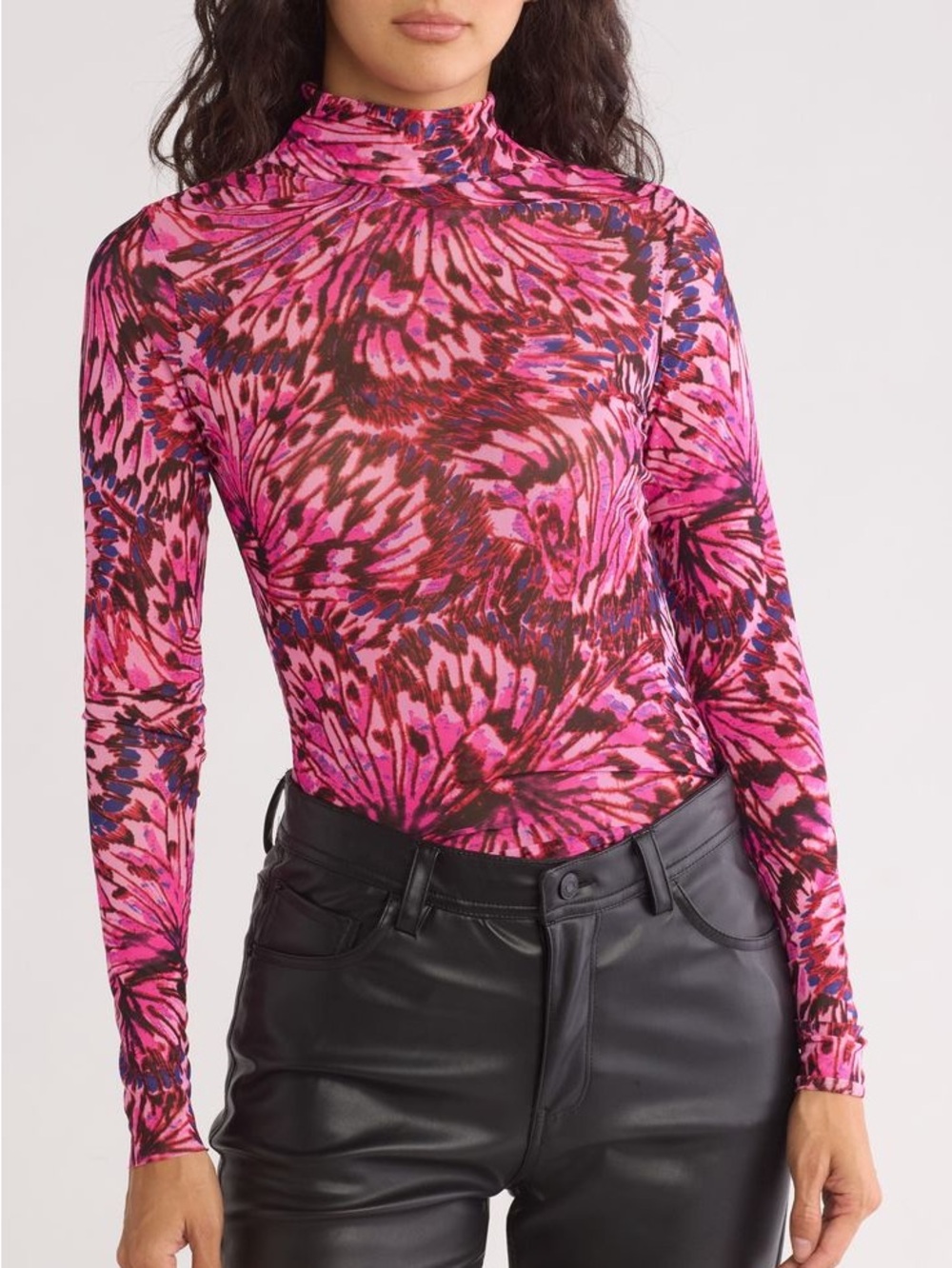AFRM Los Angeles Zoe Mock Neck Mesh Top in the Fuchsia Wing print - L